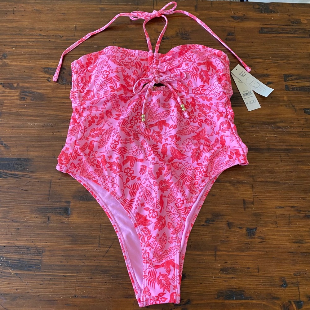 No Boundaries Pink Tropical Cheeky High Leg One Piece Swimsuit L 12-14 NWT